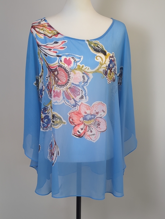Chico's Tops - Chico's Watercolor Floral Sheer Poncho Blouse Top Sky Blue L XL